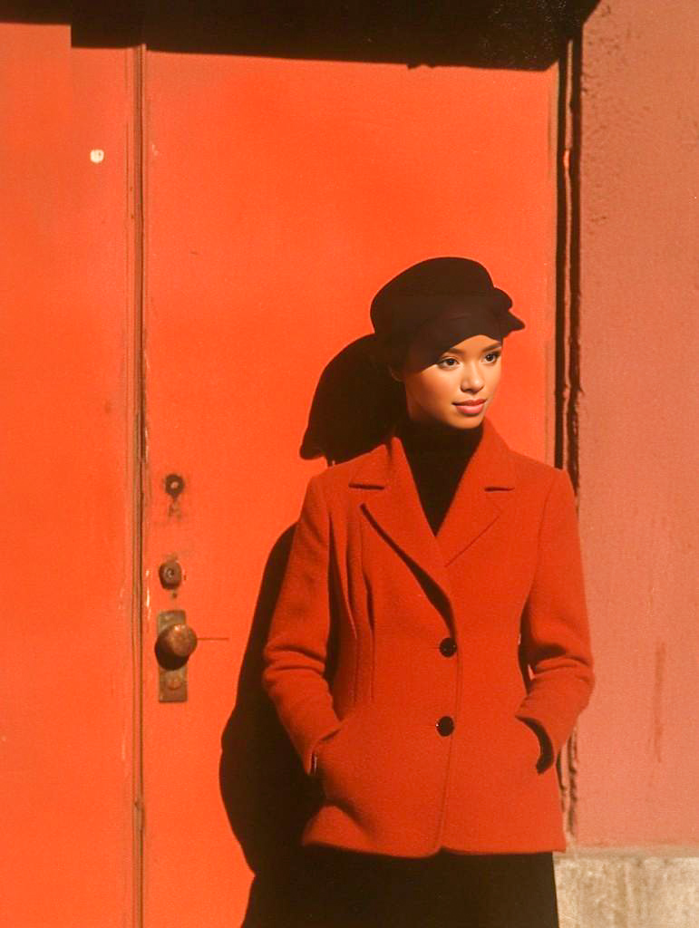 Stylish woman in red coat and hat by a red door