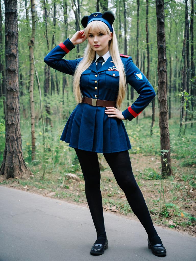 Young Woman in Vintage Military-Style Uniform with Hat in Forest