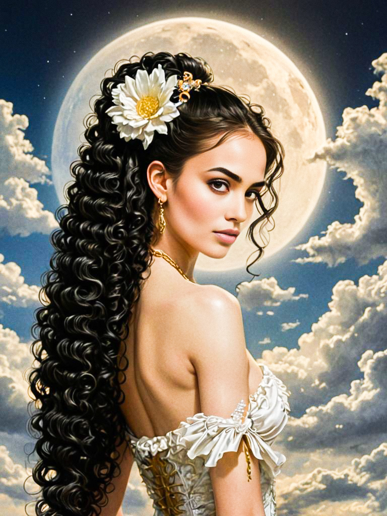 Woman with Curly Hair and Flower in Front of Full Moon