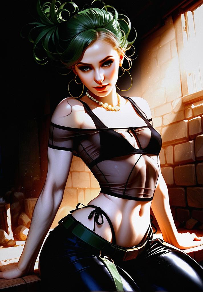 Digital Art of Woman with Green Hair in Sheer Black Top and Leather Pants