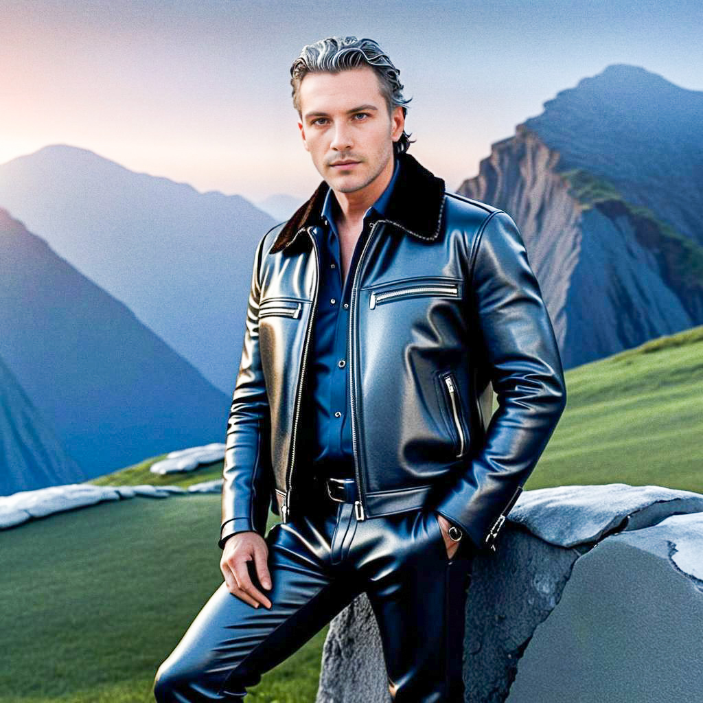 Stylish Man in Leather Jacket Against Mountains