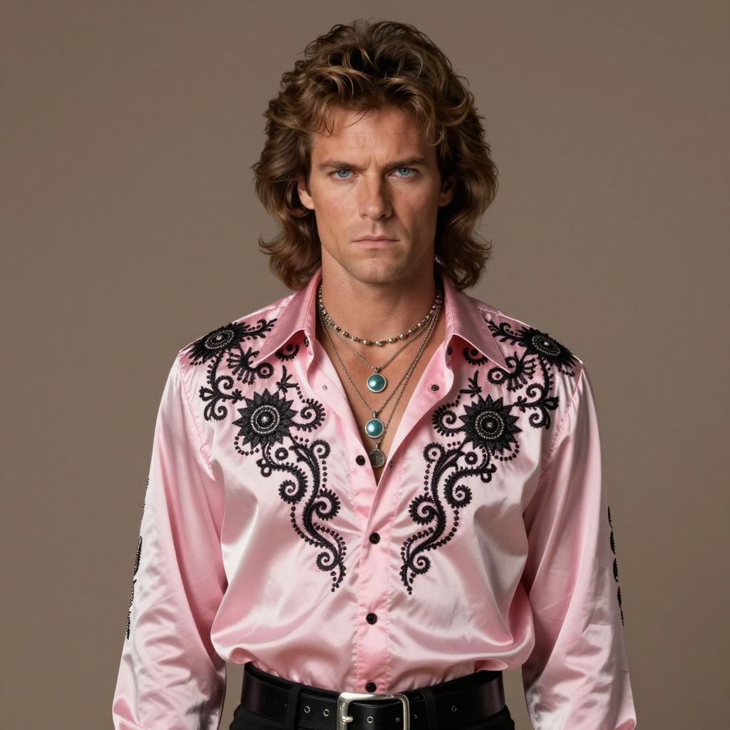 Retro Style Man Wearing Pink Satin Shirt with Black Embroidery and Turquoise Necklaces