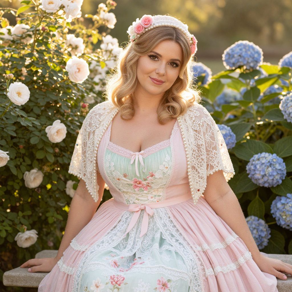 Woman in Pastel Rococo Dress with Floral Headpiece in Garden