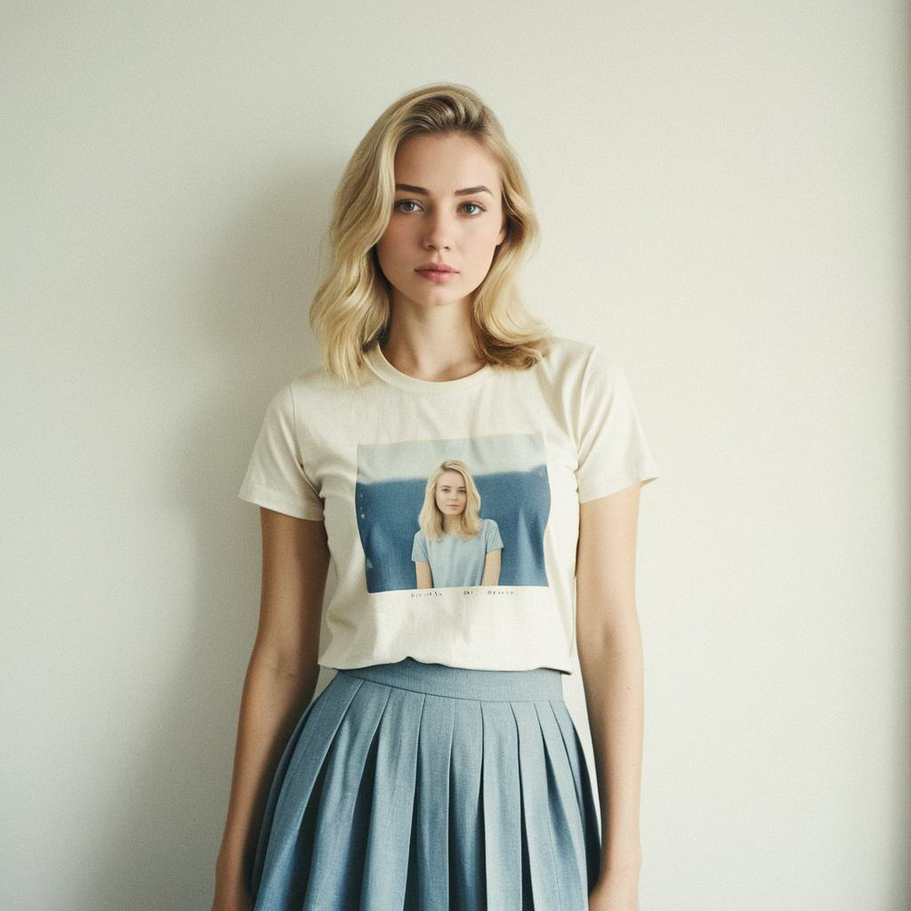 Young Woman in Cream T-Shirt and Blue Skirt Young Woman in Cream T-Shirt and Blue Skirt