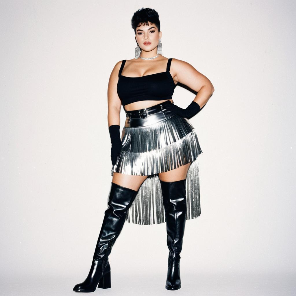 Confident Woman in Metallic Silver Fringe Skirt and Black Crop Top Fashion
