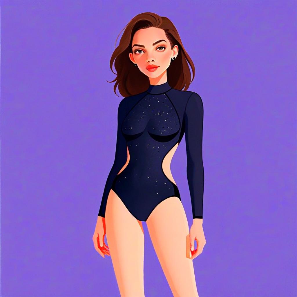 Woman in Sleek Long Sleeve Black Swimsuit Digital Illustration