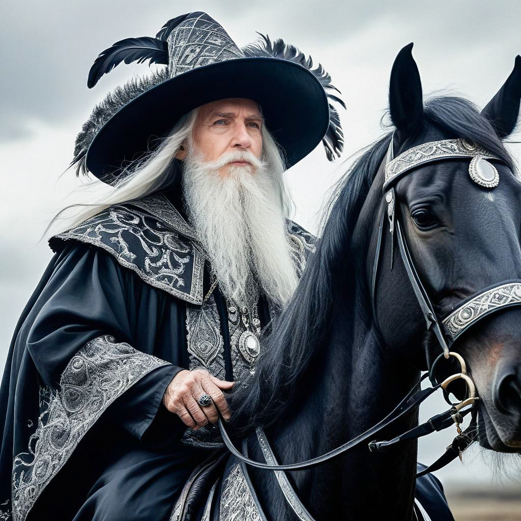Elderly Man in Ornate Costume on Black Horse Elderly Man in Ornate Costume on Black Horse