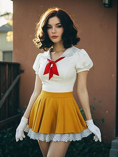 Sexy Cosplay Woman Wearing Realistic Roberta Costume with Mustard Skirt