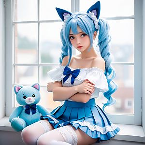 Young Woman in Blue Cat Ear Cosplay with Stuffed Bear