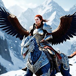Fierce Warrior Woman on Griffin in Mountainous Landscape
