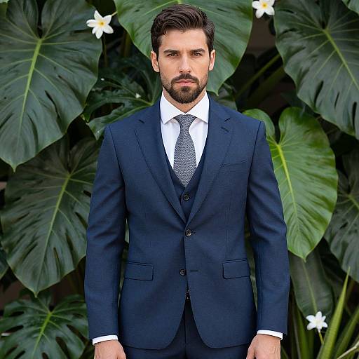 Confident Man in Navy Blue Suit with Tropical Leaf Background