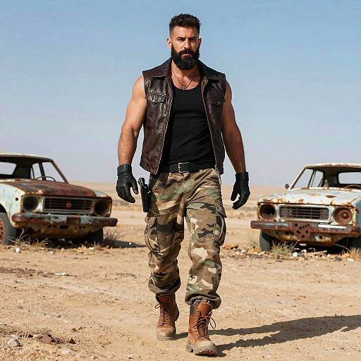 Bearded Man in Military Style Outfit Walking in Desert with Abandoned Cars