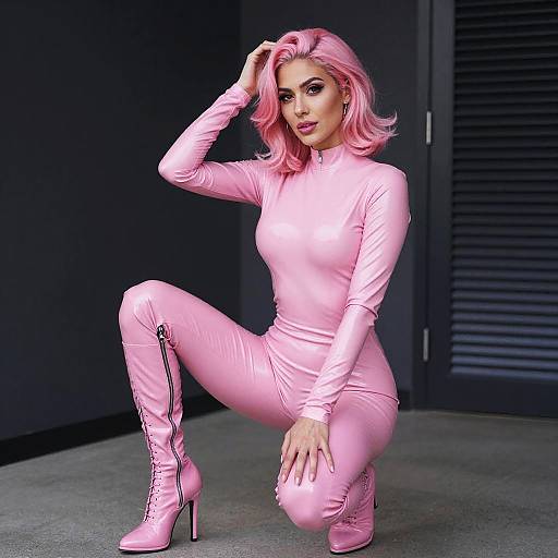 Woman in Pink Latex Bodysuit and High-Heeled Boots Fashion Portrait