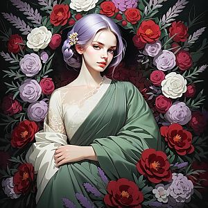 Elegant Young Woman with Lavender Hair in Floral Setting