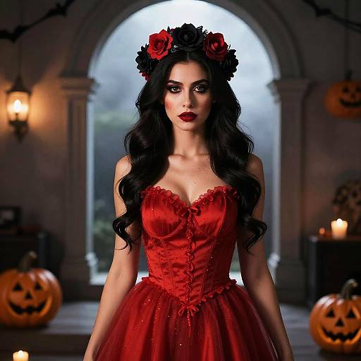 Woman in Red Dress with Black and Red Rose Crown Halloween Costume