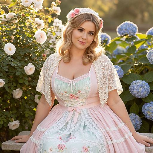Woman in Pastel Rococo Dress with Floral Headpiece in Garden
