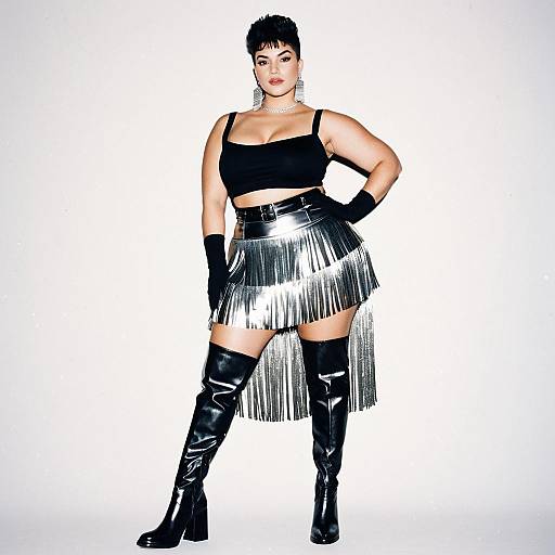 Confident Woman in Metallic Silver Fringe Skirt and Black Crop Top Fashion