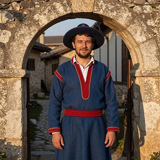Man in Traditional Balkan Folk Costume Under Stone Archway
