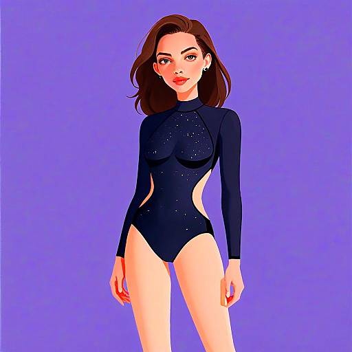 Woman in Sleek Long Sleeve Black Swimsuit Digital Illustration
