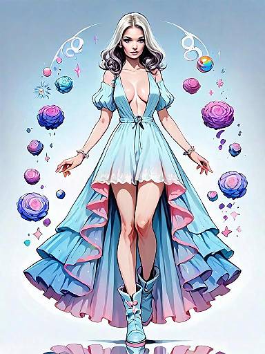 Woman in High-Low Lace-Up Dress with Floating Roses Digital Artwork