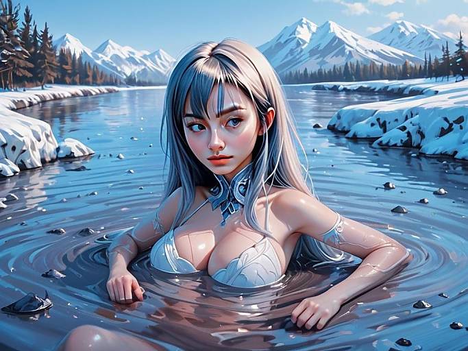 Fantasy Digital Art of Woman in Icy Mountain River