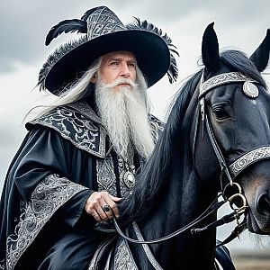 Elderly Man in Ornate Costume on Black Horse