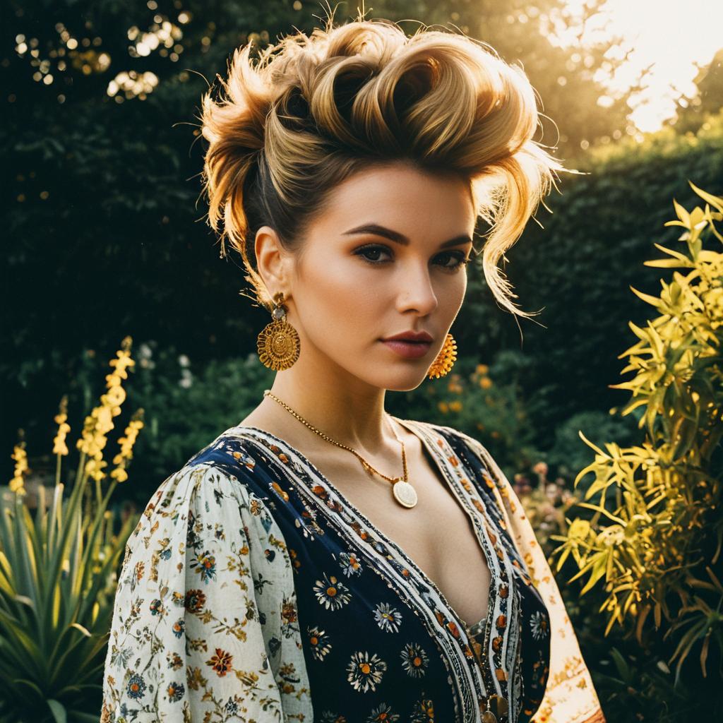 Stylish Woman in Floral Dress with Vintage Updo in Sunlit Garden