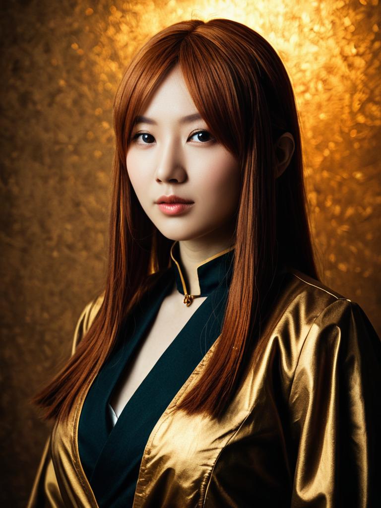 Realistic Cosplay Woman Wearing Maki Zenin Costume with Golden Background