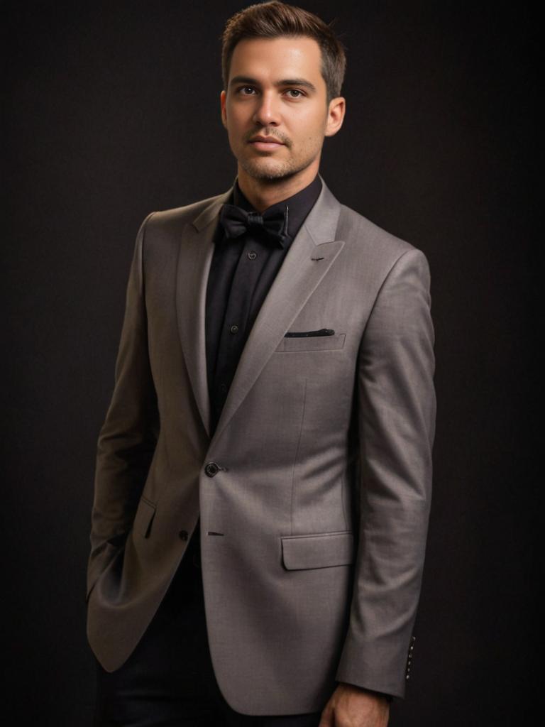 Dapper Man in Grey Suit and Black Bow Tie