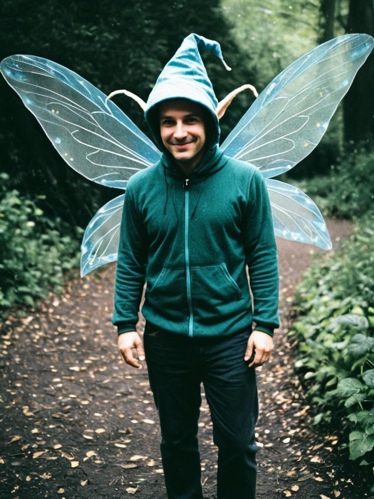 Man in Fairy Costume with Wings and Pointed Hood Outdoors