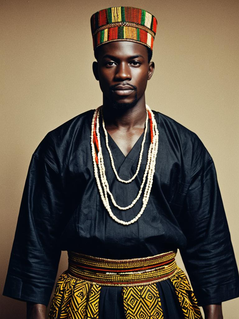 Man in Traditional African Outfit Wearing Beaded Necklace and Colorful Hat Portrait