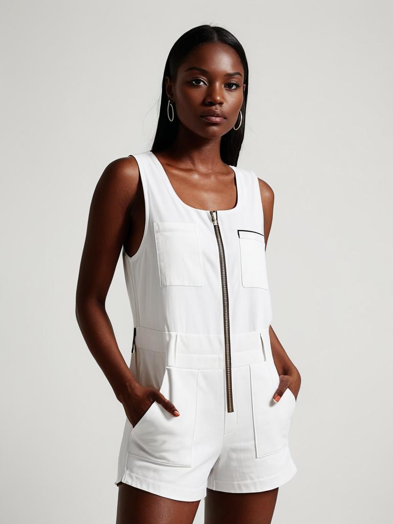 Minimalist White Sleeveless Romper with Scoop Neck and Front Pockets