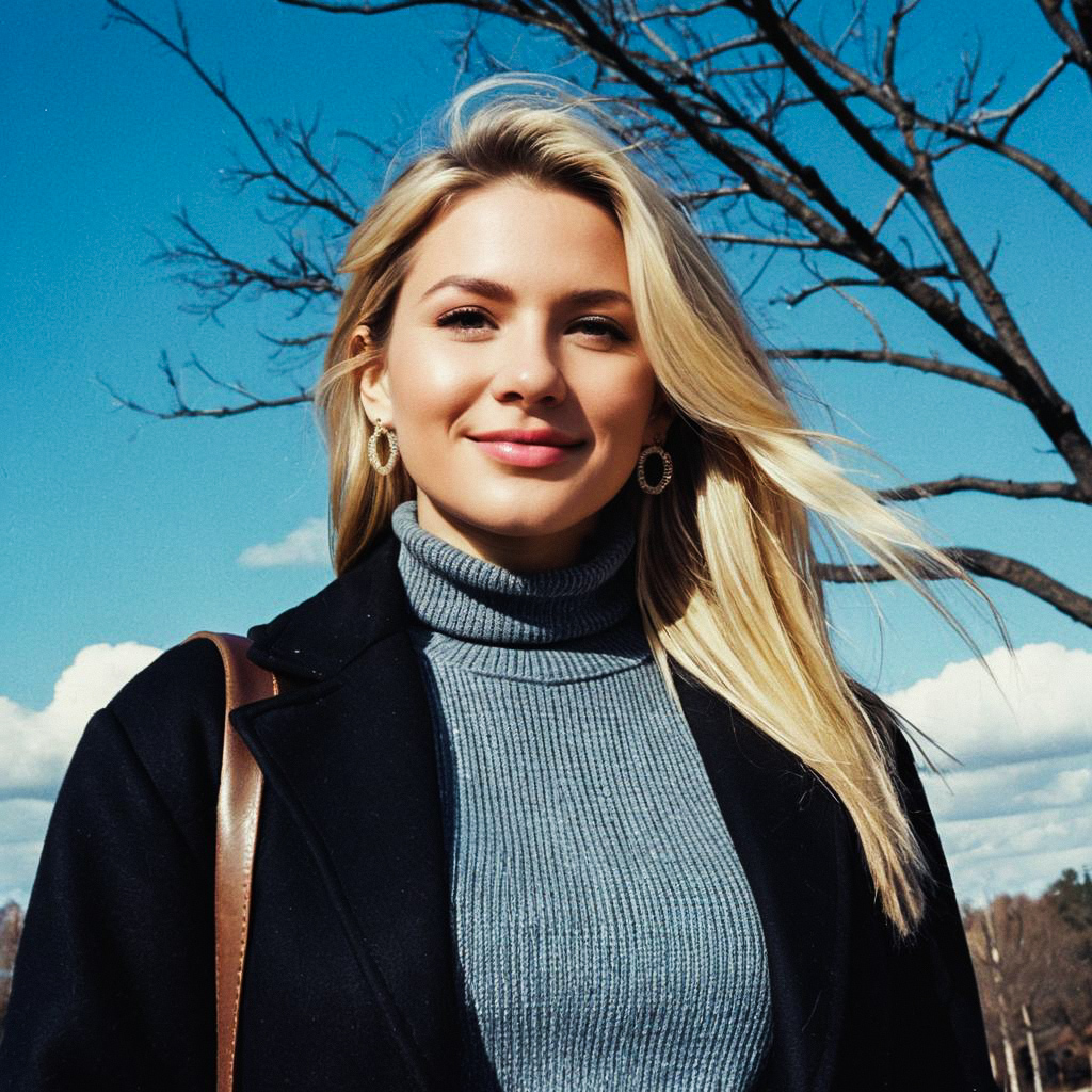 Young woman smiling outdoors in a black coat Young woman smiling outdoors in a black coat