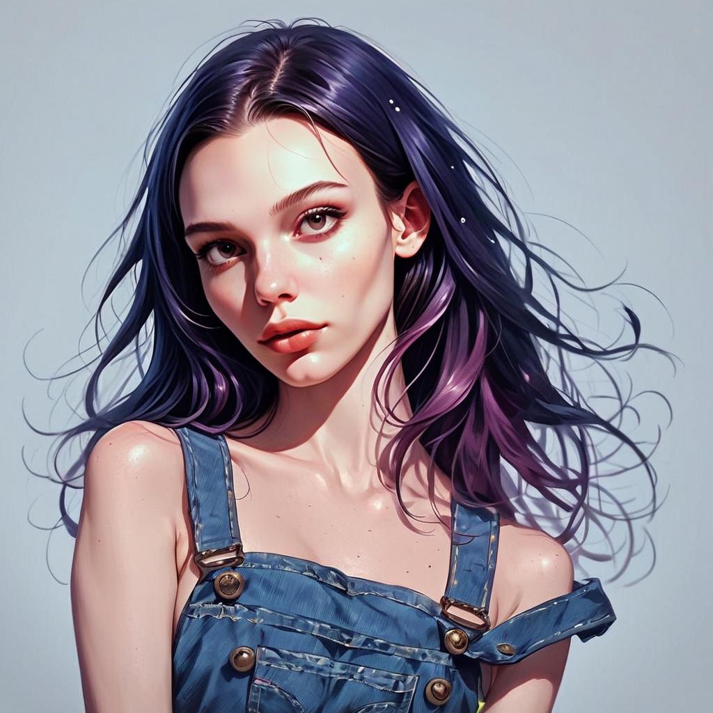 Young Woman with Purple Hair in Denim Overalls