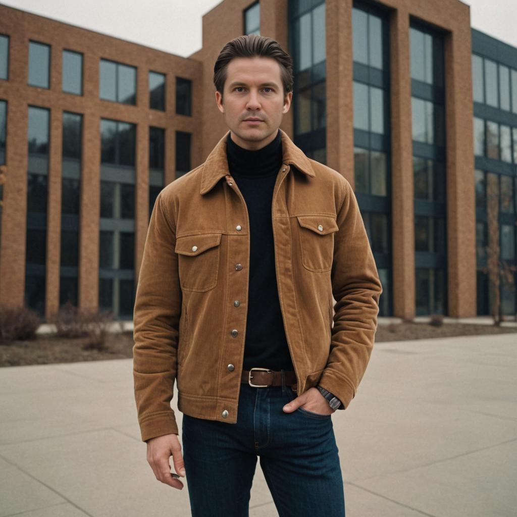 Confident Man in Brown Jacket at Modern Building