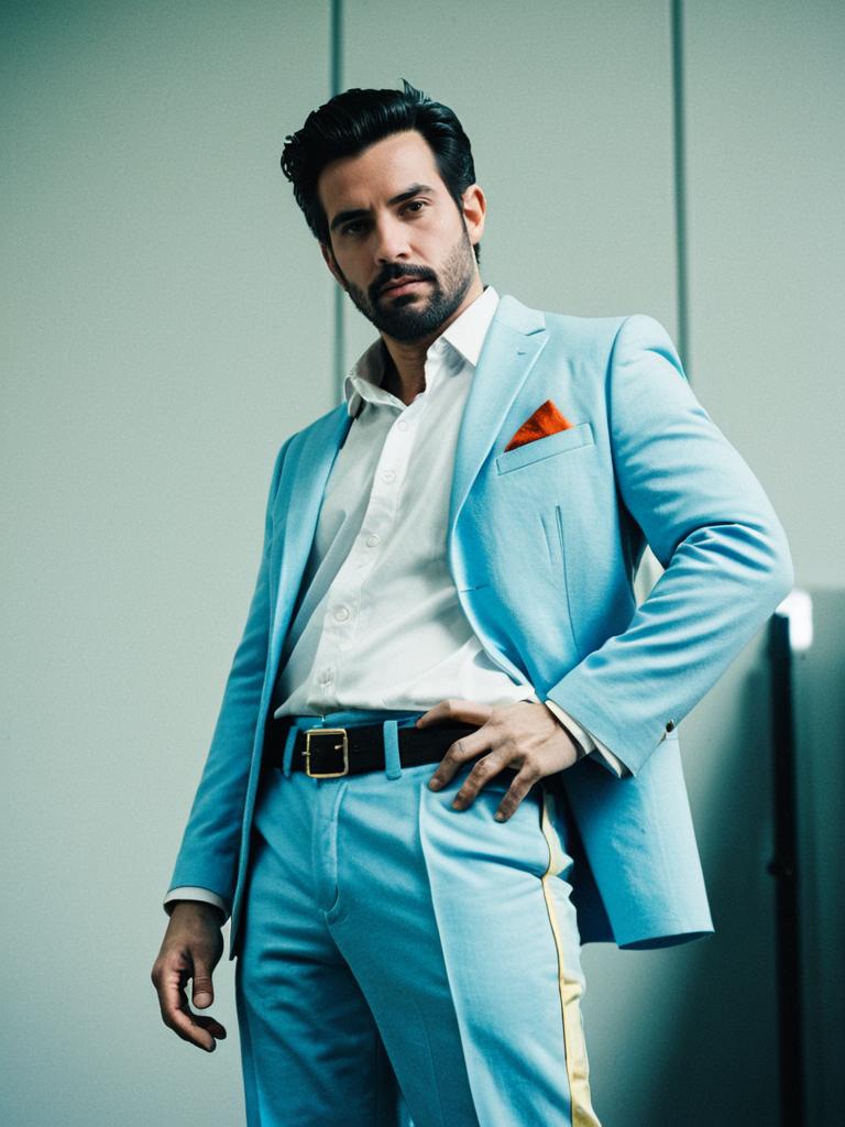 Man in Light Blue Suit with Matching Pants Wearing Orange Pocket Square Fashion Editorial