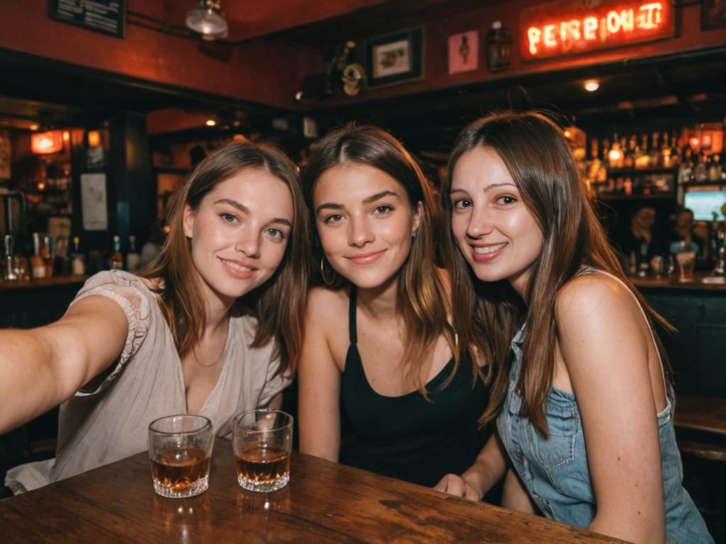 Three Young Women Taking a Selfie in a Cozy Pub