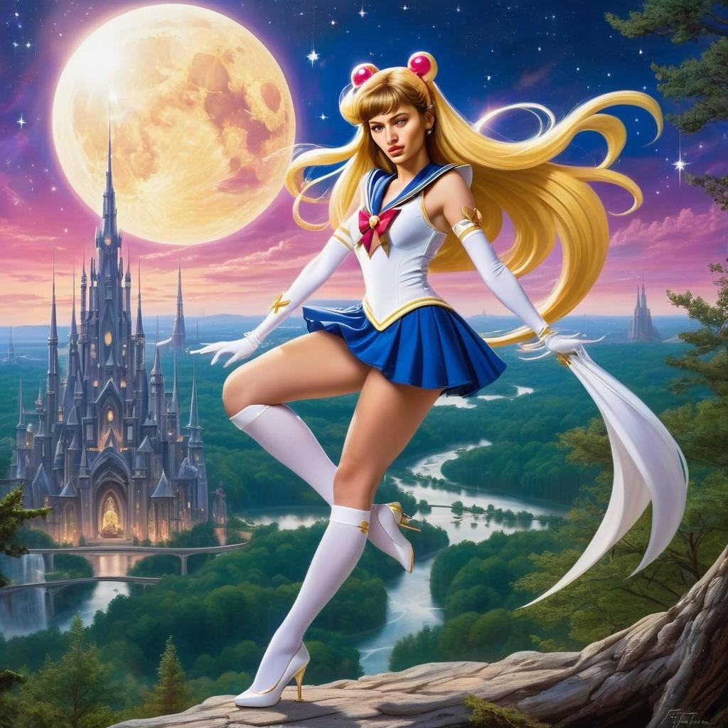 Fantasy Woman in Sailor Outfit Overlooking Valley and Castle