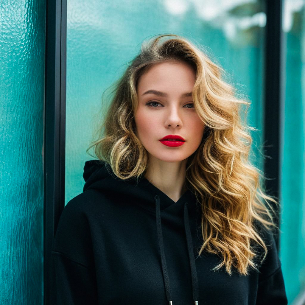 Young Woman with Blonde Hair Against Turquoise Wall