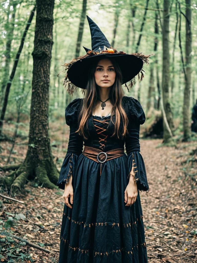 Woman in Woodland Witch Costume Cosplay Festival in Forest