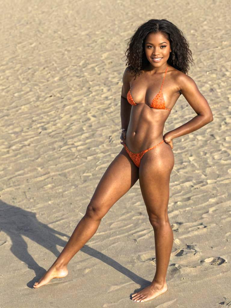 Confident Woman in Orange Bikini on Beach