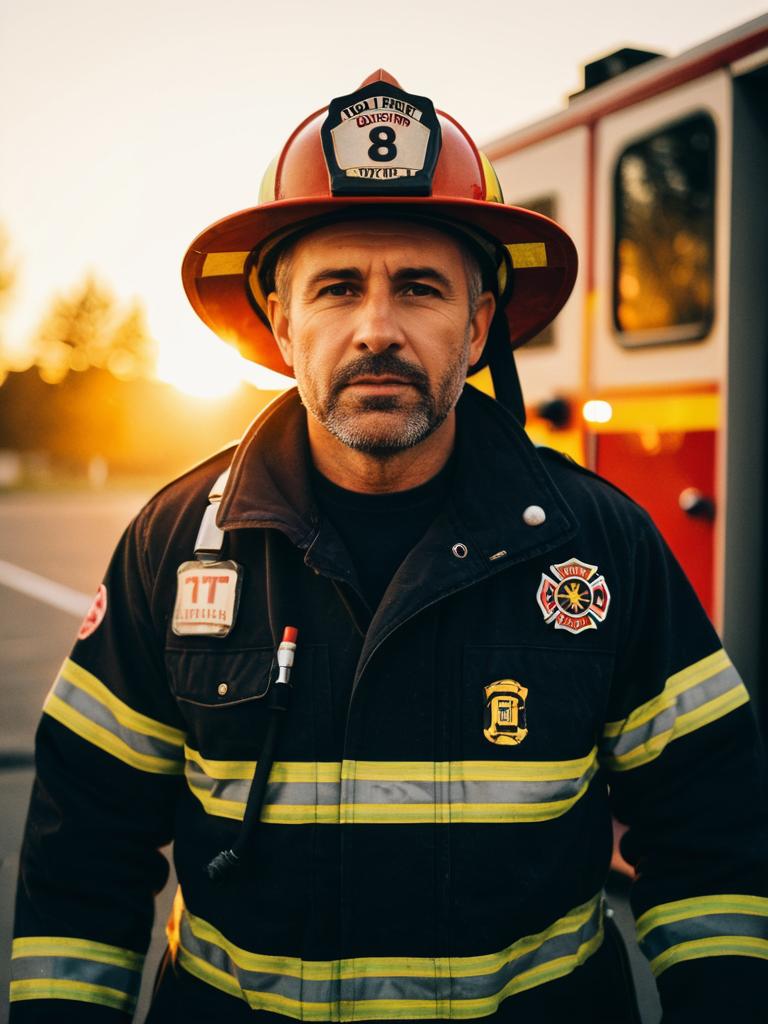 Man in Firefighter Costume Outdoor Portrait at Golden Hour