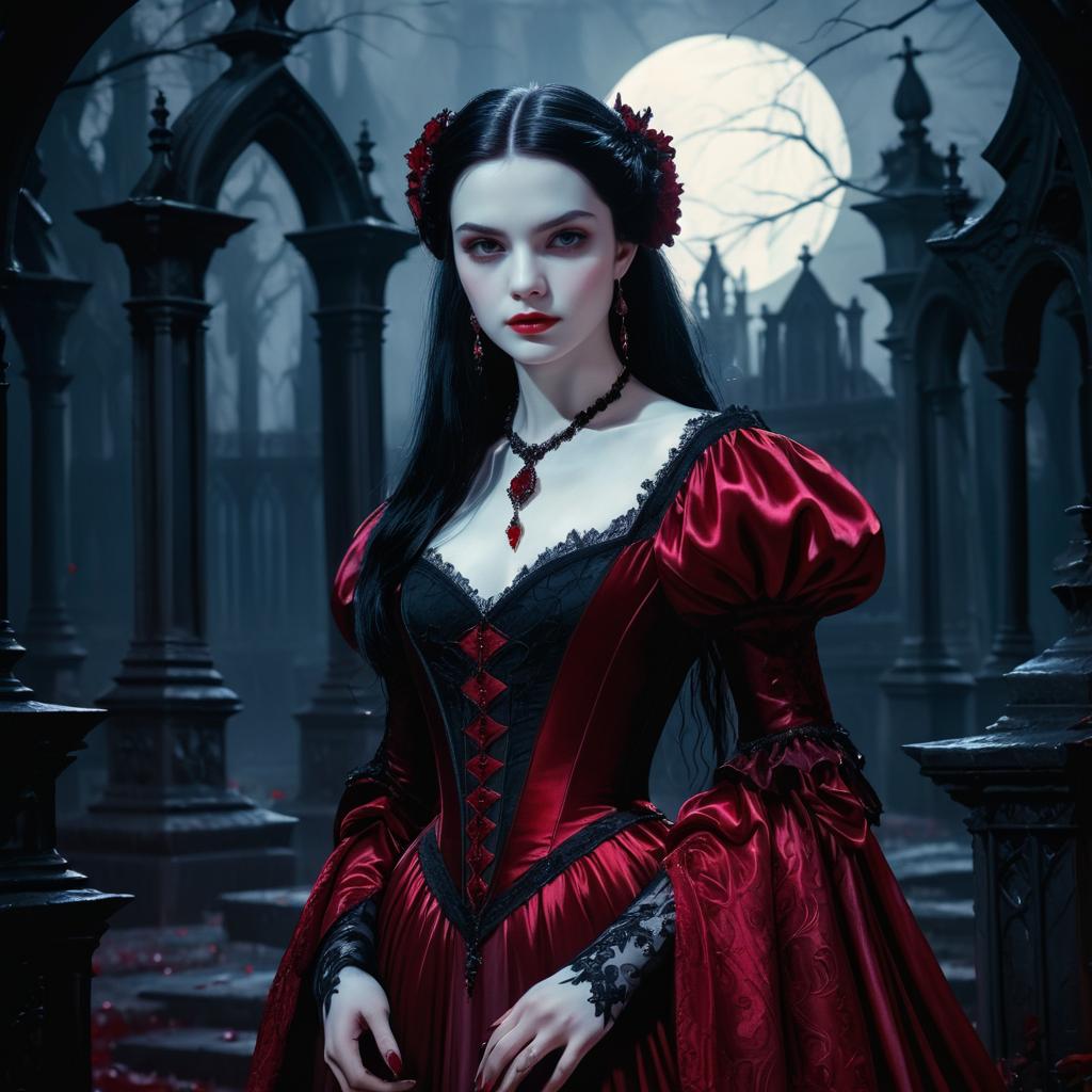 Woman in Red Gothic Gown Under Full Moon