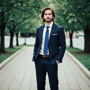 Confident Young Man in Navy Blue Summer Wedding Suit