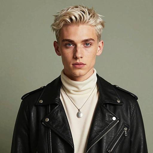 Gen Z Young Man in Leather Jacket and Turtleneck Fashion Portrait