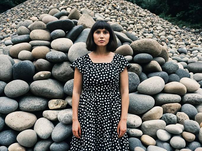 Woman in Polka Dot Dress Standing in Front of Pile of Pebbles