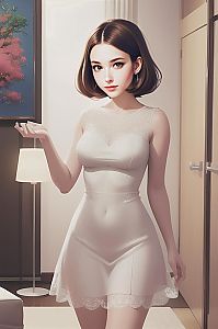 Stylized digital artwork of a young woman in a white dress