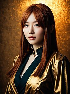 Realistic Cosplay Woman Wearing Maki Zenin Costume with Golden Background