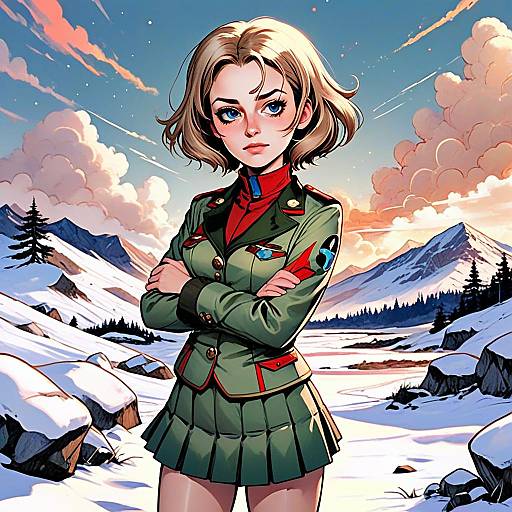 Anime Style Woman in Military Uniform Standing in Snowy Mountain Landscape