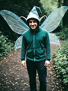 Man in Fairy Costume with Wings and Pointed Hood Outdoors